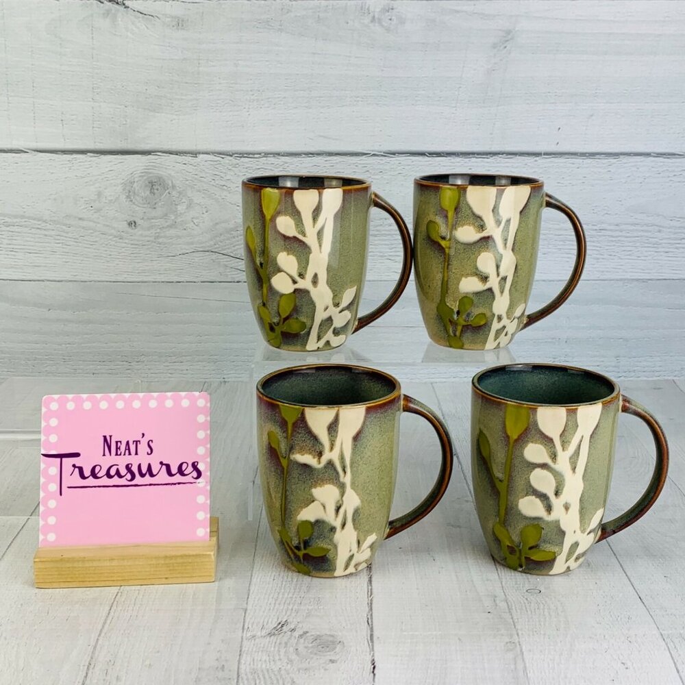 Home NEW HEATHER Stoneware Green White Plants Brown Trim 4.5 Cups Mugs Set of 4